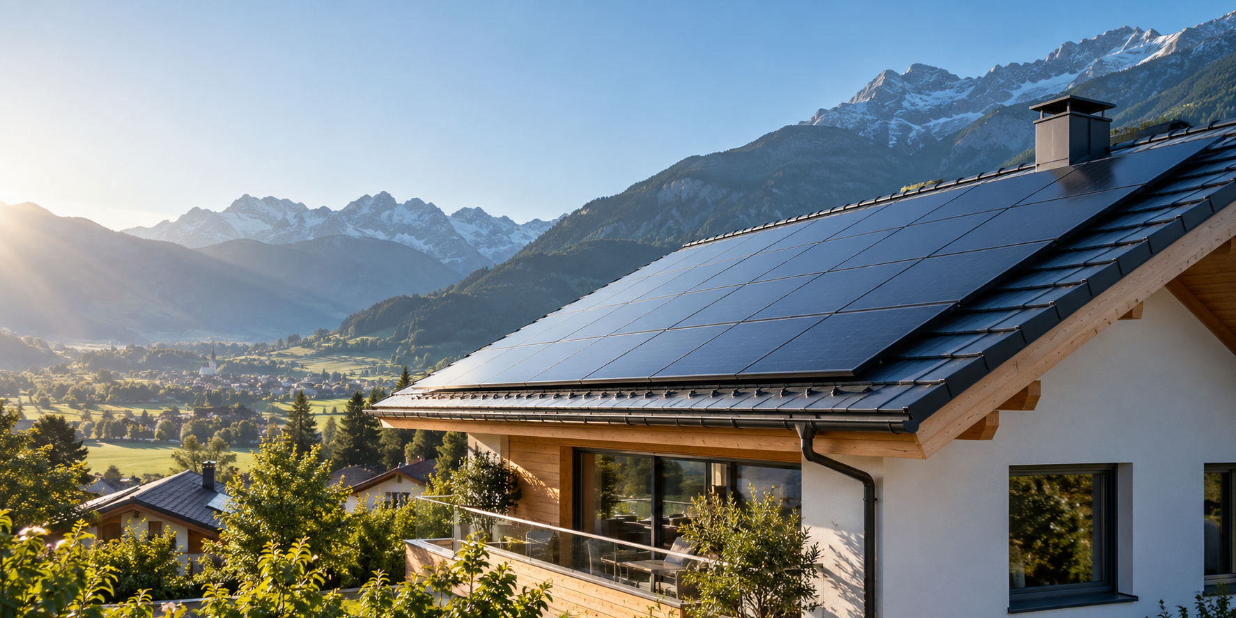 Photovoltaikanlage auf einem Hausdach vor Alpenpanorama
